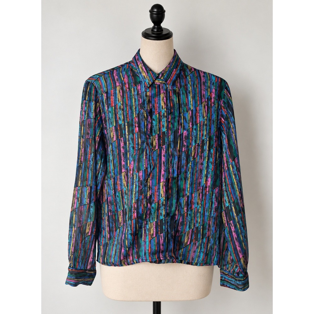 Vintage 80s Notations Wearable Art Blouse Multicolored Abstract Stripe Size 14